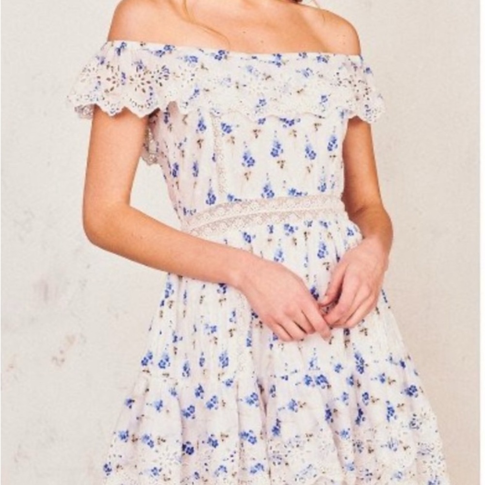 LoveShackFancy Strapless Blue Floral Dress